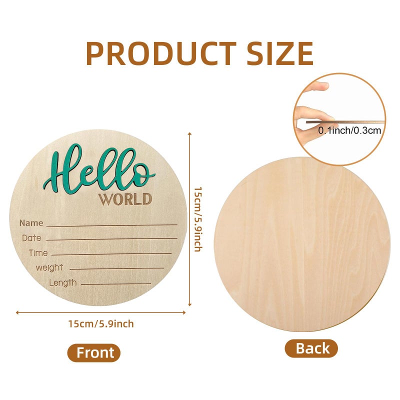 LZEDIRA Baby Announcement Sign - 5.9 Inch Wooden Hello World Newborn Welcome Plaque, Birth Announcement for Hospital, Newborn Name Sign for Photo Props, Baby Shower, Nursery (Green) - Image 2